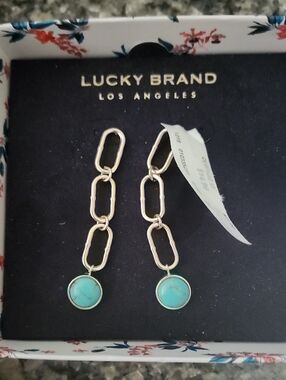 Lucky Brand Gold Tone Link Drop Earrings with Semi Precious Turquoise Stone NWT